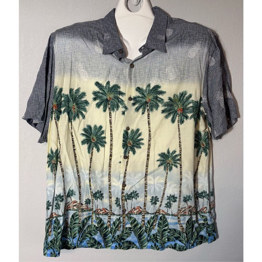 Batik Bay Shirt Men 2XL XXL Blue Cream Palm Tree Pineapple Hawaiian Rayon